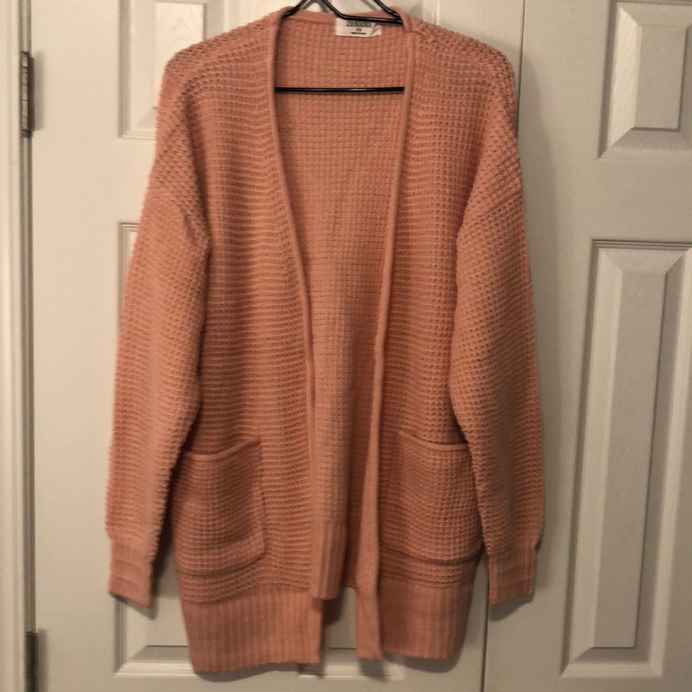 NWOT! Zenana Peach Ribbed Knit Open Cardigan with Front Pockets!